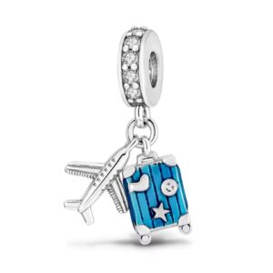 Charms do Pandory ze srebra 925 - niebieska walizka, samolot