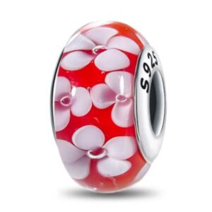 Charms do Pandory ze srebra 925 - biały kwiatek na czerwonym tle