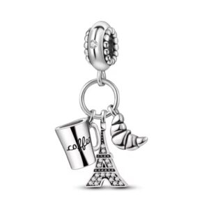 Charms do Pandory ze srebra 925 - kawa, wieża Eiffla, rogalik