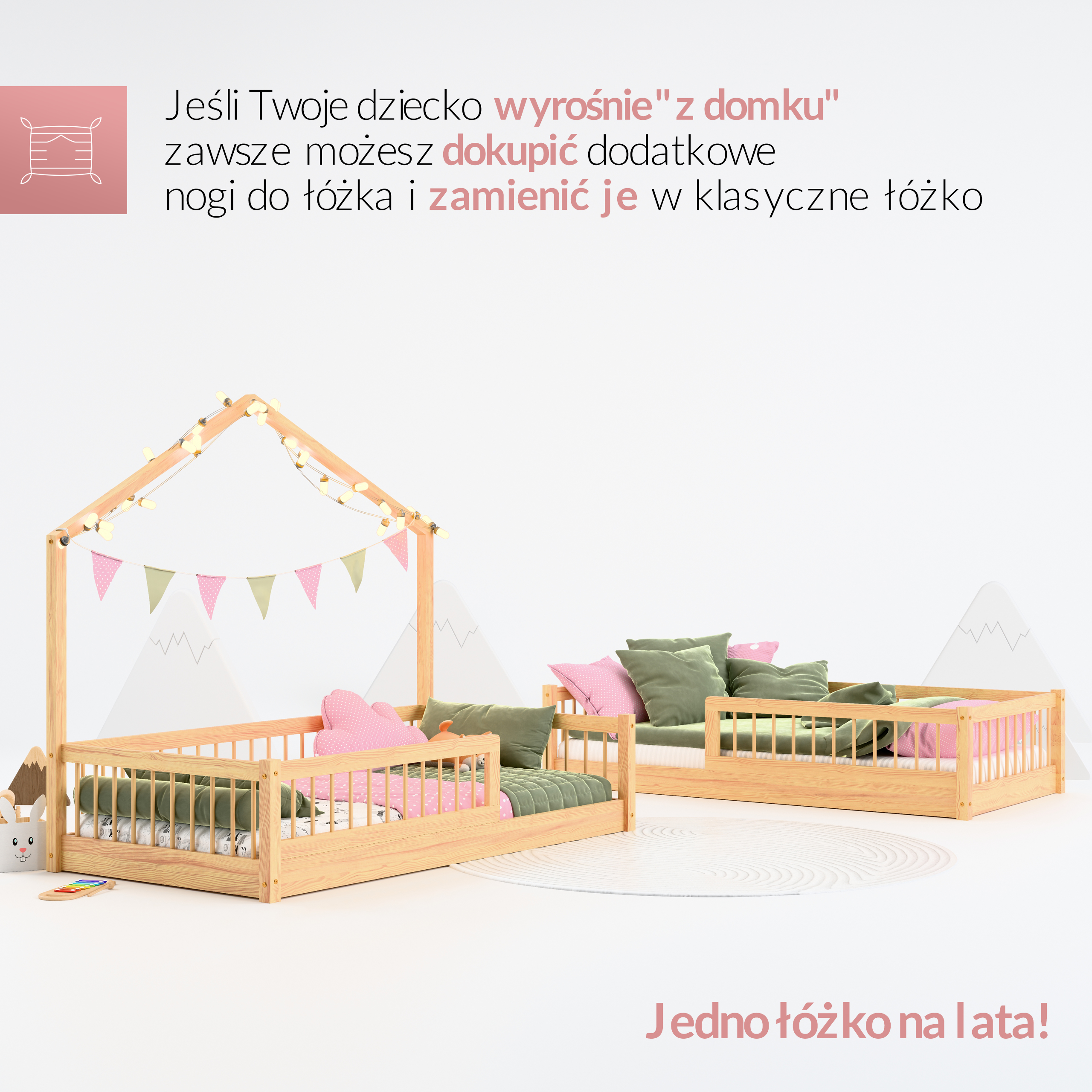 Łóżeczko dziecięce dla dwu i trzy latka, łóżko domek dla dziecka, łóżko niskie, podłogowe.