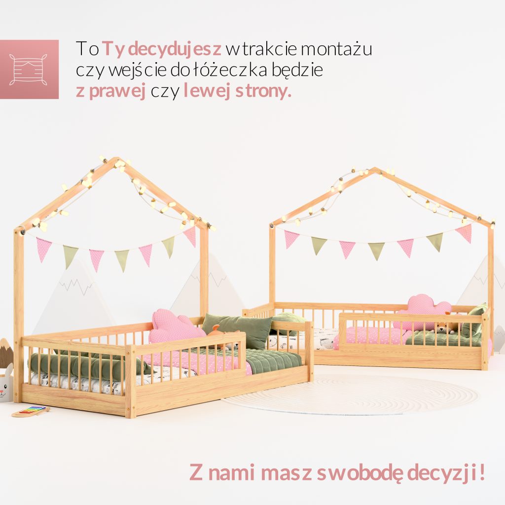 Łóżko dla dwu latka domek, łóżeczko drewniane dla dwu i trzy latki. Łóżko niskie podłogowe dla dzieci od sleephome.